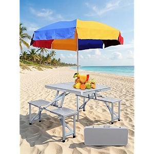 portable folding picnic table with 4 attached chairs amp 65 ft umbrella heavy duty aluminium suitcase design for family camping travel amp outdoor dining silver 1 set
