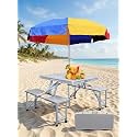 Portable Folding Picnic Table With 4 Attached Chairs & 6.5 Ft Umbrella, Heavy Duty Aluminium Suitcase Design For Family Camping, Travel & Outdoor Dining, Silver, 1 Set