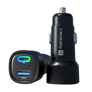 portronics 80w dual output fast car charger with type-c pd amp usb led indicator charging adapter compatible with cars for iphone amp android smartphone smartwatch earbud power bank black