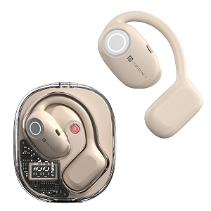 portronics harmonics twins 30 over ear ows smart wireless earbuds with hd mic secure amp flexible earhook touch control 30 hours playtime musicgaming mode bt 53v led display light weightbeige