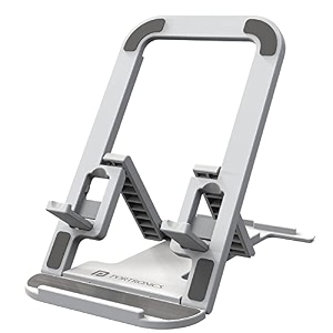 portronics modesk 100 desktop foldable mobile amp tablet holder with multiple viewing angles anti slip strips abs materialgrey