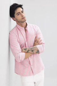 positive vibes Men Striped Casual Pink White