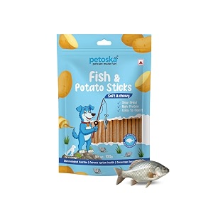 petoska potato fish sticks- 100gms  crunchy dog treats  dog treats with fish amp potato  highly nutritious  easy to digest  dental hygiene  suitable for all dog breeds  pack of 1