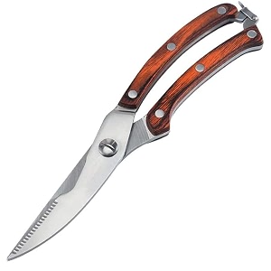 poultry shears heavy duty stainless steel kitchen shears spring loaded food scissors with non-slip handle and safety lock for cutting bone chicken meat seafood amp vegetables wooden