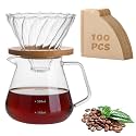 Pour Over Coffee Maker Set – Drip Coffee Pot with bamboo Handle, Glass Coffee Dripper &amp; 100 Filters, 20oz/600ml Capacity