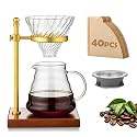 Pour Over Coffee Maker Set – Glass Coffee Dripper with Stainless Steel Stand, Wooden Base &amp; 40 Filters – Travel Filter Coffee Maker