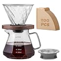 Pour Over Coffee Maker Set – V60 Drip Coffee Pot with Walnut Handle, Glass Coffee Dripper &amp; 100 Filters, 20oz/600ml Capacity