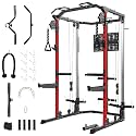 Power Cage, 2000 LBS Squat Rack with Cable Crossover System, Multifunctional Weight Cage with LAT Pulldown, Workout Cage with Adjustable Safety Bars for Home Gym, Red