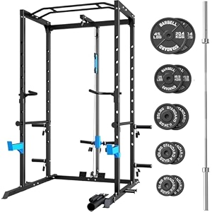 power cage multi-functional home gym equipment with j-hooks dip handles landmine attachment cable pulley system black power rack for strength training 120kg weights package