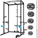 Power Cage, Multi-Functional Home Gym Equipment with J-Hooks, Dip Handles, Landmine Attachment, Cable Pulley System, Black Power Rack for Strength Training (120KG Weights Package)