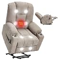 Power Lift Recliner Chair for Elderly, Electric Lift Recliner with Vibration Massage and Lumbar Heating, Single Sofa Reclining Chair with Cup Holders Charging Ports, Polyester Fabric Khaki
