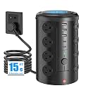 15FT Power Strip Tower Surge Protector,16 Wide‑Spaced Outlets &amp; 5 USB Ports
