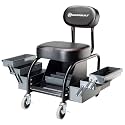 Powerbuilt Professional Mechanics Roller Seat, Heavy Duty Padded Detailer Seat and Backrest, Sliding Storage Drawers, Tool Tray, Can Holders, 4-Inch Swivel Wheels