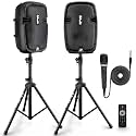 Powered PA Speaker System Active & Passive Bluetooth Loudspeakers Kit with 8 Inch Speakers, Wired Microphone, MP3/USB/SD/AUX Readers, Speaker Stands- PYLE PPHP849KT.5,Black