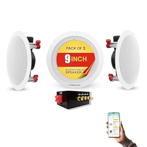 powerlink 9 inch bluetooth flush mount in-ceiling 2-way speaker system with built-in amplifier polypropylene cone amp polymer tweeter stereo sound 30w  for office gym home theater