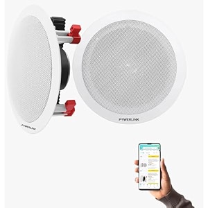 powerlink 9 inch bluetooth flush mount in-ceiling 2-way speaker system with built-in amplifier polypropylene cone amp polymer tweeter stereo sound 30w  for office gym home theater