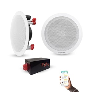 powerlink 934 bluetooth flush mount in-ceiling 2-way speaker system quick connections polypropylene cone amp polymer tweeter stereo sound 60 watt 30w each for office gym home theater pack of 2