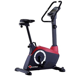 powermax fitness bu-800 magnetic upright bike for home use 6kg flywheel 110kg max user weight 8 level tension 3pcs crank multiconsole lcd display hand pulse sensor adjustable seat ipad holder
