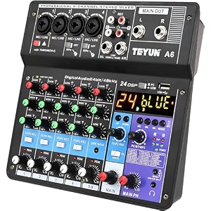 powerpak a6 professional 6-channel bluetooth audio mixing console  portable digital audio mixer console build-in 24 dsp effects bt function 48v phantom power for karaoke streaming dj black