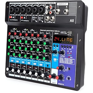 powerpak a8 professional 8-channel audio mixing console  portable digital audio mixer console build-in 24 dsp effects bt function 48v phantom power for karaoke streaming dj