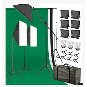 powerpak bg-3l 3 point softbox lighting kit with boom arm stand  12 x cfl bulb studio light softbox  2m photography light stand  with backdrop support system and backdrop stand