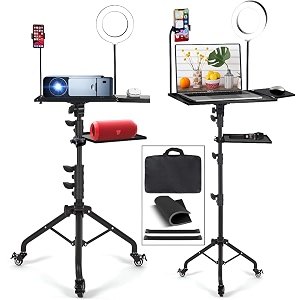 powerpak wph-07r 5ft adjustable laptop tripod stand with wheels  heavy-duty projector stand with led ringlight  phone holder mouse tray for projector tripod music office home portable laptop