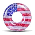 POZA Inflatable USA Pool Float - Luxurious Fun Lounger Filled with Sparkle Silver Stars Confetti, Cool USA Flag Design Water Swimming Pool Floaties for Beach, Lake & Pool