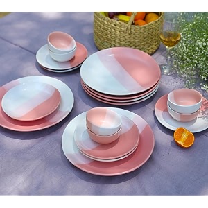 praahi lifestyle premium ceramic dinner set  handcrafted shades of pink serves 6  18 pieces ceramic plates amp bowl set  6 full plates6 quarter plates 6 small bowls diwali gifts