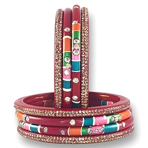 praavya traditional rajasthani lac bangles set multicoloured crystal-studded jaipuri lakh chudi red green pink yellow blue purple grey maroon set of 8