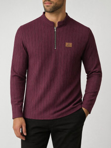 PRAIZY Solid Men Zip Neck Purple T-Shirt