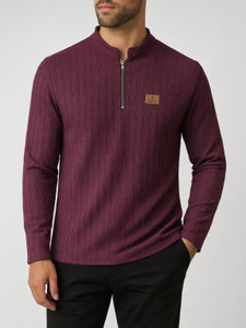 PRAIZY Solid Men Zip Neck Purple T-Shirt
