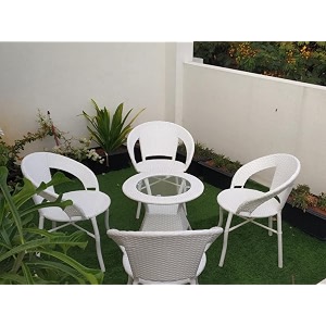 patio chair sets garden wicker furniture set for outdoor patio and balcony  powder coated frame uv protected wicker 4 chairs 1 table white colour