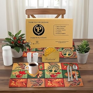 gift hamper - premium dining 4 pcs tablemat and leaf design coaster set 4 yellow
