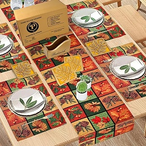 gift hamper - premium dining 4 pcs tablemat  180 cm runner and leaf design coaster set 4 yellow