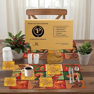 gift hamper - premium dining 4 pcs tablemat and leaf design coaster set 4 yellow
