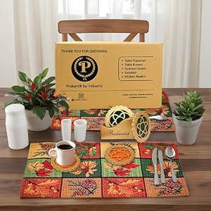 gift hamper - premium dining 4 pcs tablemat  135 cm runner and spiral round design coaster set 4 green