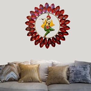 pranjals house beautiful rustic krishna playing basuri metal wall art frame wall hangings for home decoration wall sculpture for living room red size 22x22 in