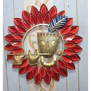 pranjals house decorative metal handpainted rustic iron wall hanging of red krishna art sculpture for home office wall decorwall hanging 23 x 23 inches
