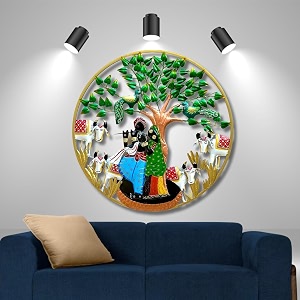 pranjals house aesthetic metal handpainted rustic iron wall hanging of radha krishna with cows art sculpture for home office wall decorwall hanging 32 x 32 inches