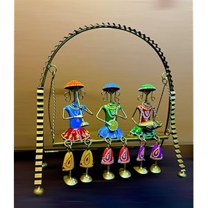 pranjals house handpainted metal iron tribal rajasthani musicians sitting on jhula decorative showpiece for home office length 155 inch  height 15 inch