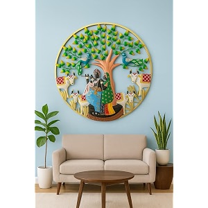 pranjals house rustic metal radha krishna cow with led light wall art frame wall hangings for home decoration wall sculpture for living room wall hanging decorative items size 32x32 in