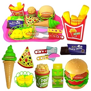 pranso barger pizza toy and french fries ice cream with food trey  play fast food set pretend play best gifts food playset for boys girls kids 18 pcs set- multi color