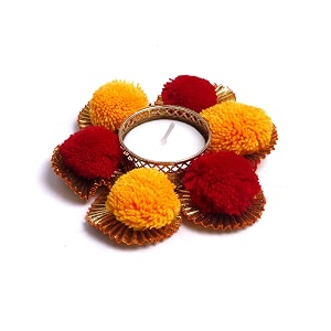 prapti handicrafts handmade tealight candle holders for diwali decorationhome decor gifts itemsdiya for home office poojadurga puja gift sets pompom red pack of 6