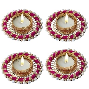 prapti handicrafts handmade tealight candle holders for diwali decorationhome decor gifts itemsdiya for home office poojadurga puja gift sets pink ring pack of 4