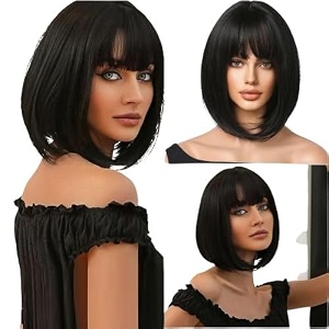 women hair wig black brown 14 inches straight wig  washable shoulder length hair wig for birthday party wedding halloween and cosplay