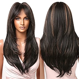 women hair wig highlight brown 25 inches wavy wig  washable full head hair wig for birthday party wedding halloween and cosplay