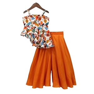 Prawah Girls Printed Western Top and Orange