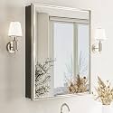 Pre-Assembled Surface or Recessed Medicine Cabinet Mirror-24x30 Brushed Nickel Bathroom Medicine Cabinet with Mirror &amp; Rustproof Aluminum Frame, Beveled Bathroom Vanity Mirror with Storage