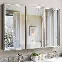 Pre-Assembled Surface or Recessed Medicine Cabinet Mirror-48x30 Brushed Nickel Bathroom Medicine Cabinet with Mirror &amp; Rustproof Aluminum Frame, Beveled Bathroom Vanity Mirror with Storage