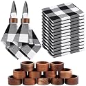 Preboun Set of 12 Black and White Cloth Napkins and Rings, 18 x 18 Inch Buffalo Plaid Cloth Napkins Wood Rings for Christmas Winter Thanksgiving Merry Xmas Holiday Party Daily Dinner Table Decoration